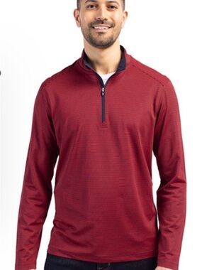 Cutter & Buck Sz 3XB Virtue Eco Pique Micro Stripe Quarter Zip Red Navy Strip